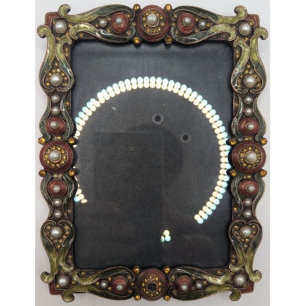 Vintage Ornate Jeweled Picture Frame Baroque Enamel Faux Pearl Crystal 4.5"x6"